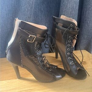 Black Mesh Lace-Up Heeled Boots